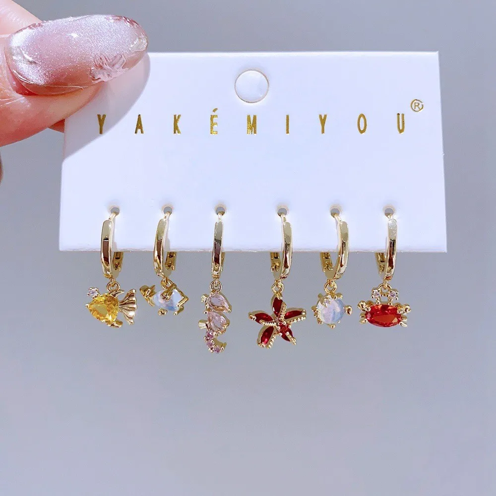 Trendy 6pcs Design Marine Sea Animals Pendant Dangle Earrings Set Gold Plated Cubic Zirconia Women Jewelry