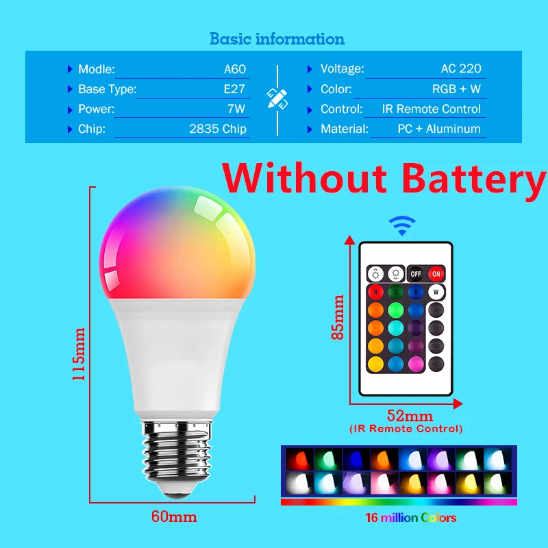 1-10PCS 16 Colors Changing Light E27 Key Remote Control LED Bulb Lamp 220V Dimmable RGB White Colorful Change for Home Bedroom