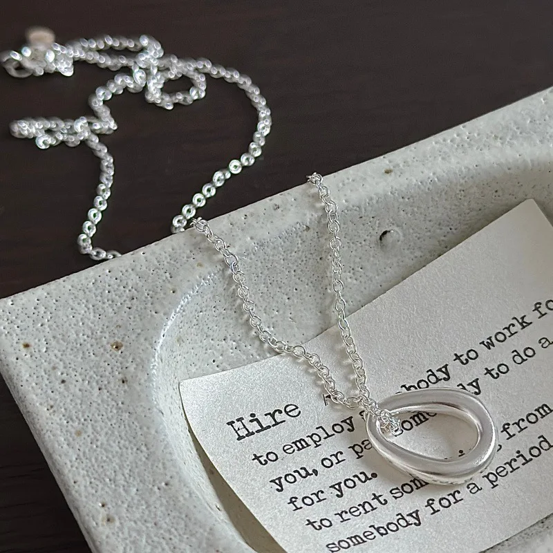 S925 Sterling Silver Matte Oval Necklace Retro Korean Style Minimalist Unique Design Dainty Clavicle Chain Jewelry For Women
