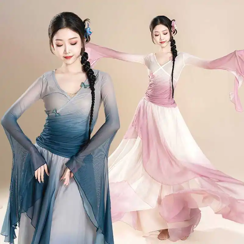 

Classical Dance Costume New Style Of Yarn Clothes Elegant Chinese Gradient Immortal Style Practice Dance Performance Dress