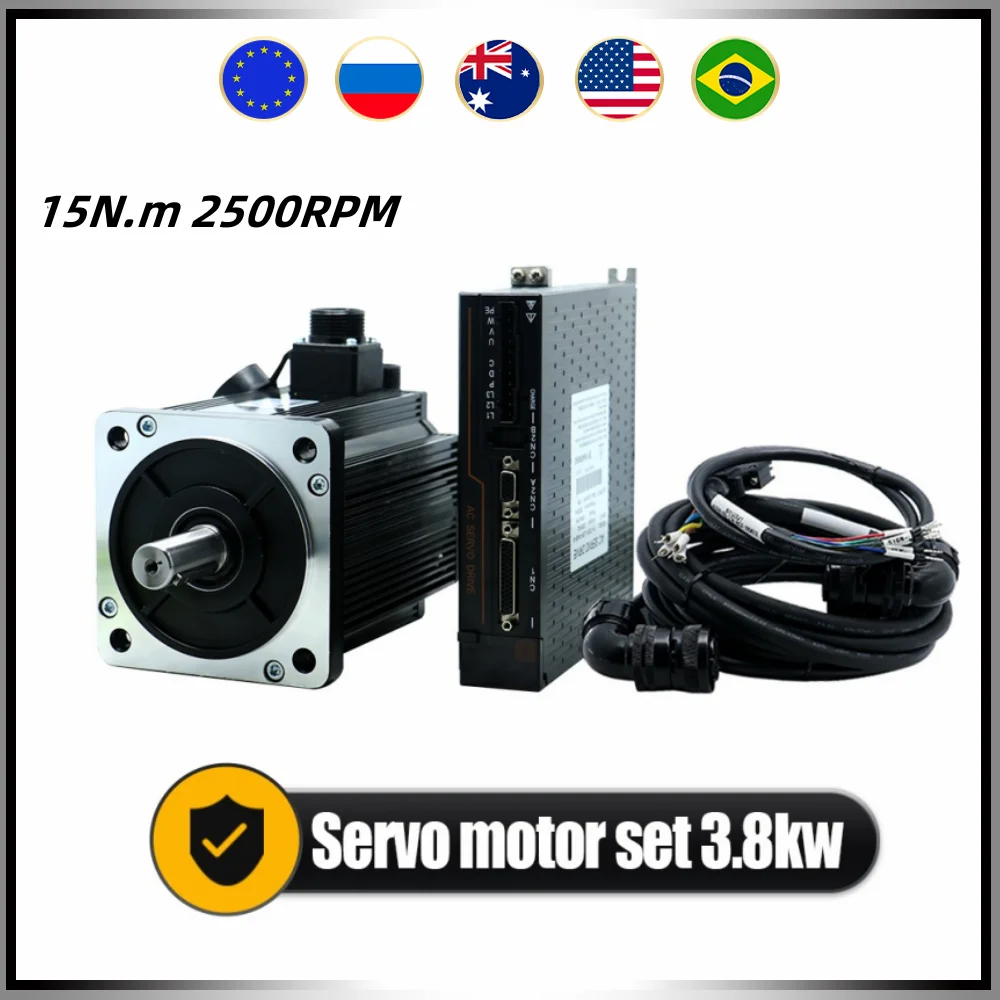 3.8kw Servo Motor 130ST-M15025 15Nm Servo Drive RS485 AC220V 380v 3M Cables Encoder 2500PPR Speed 2500-3000RPM For CNC