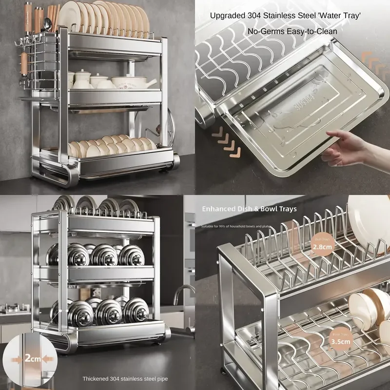 for  304 Stainless Steel Vertical Minimalist Style Drainage  Folding Rectangular Dish Rack Kitchen Multi Functional