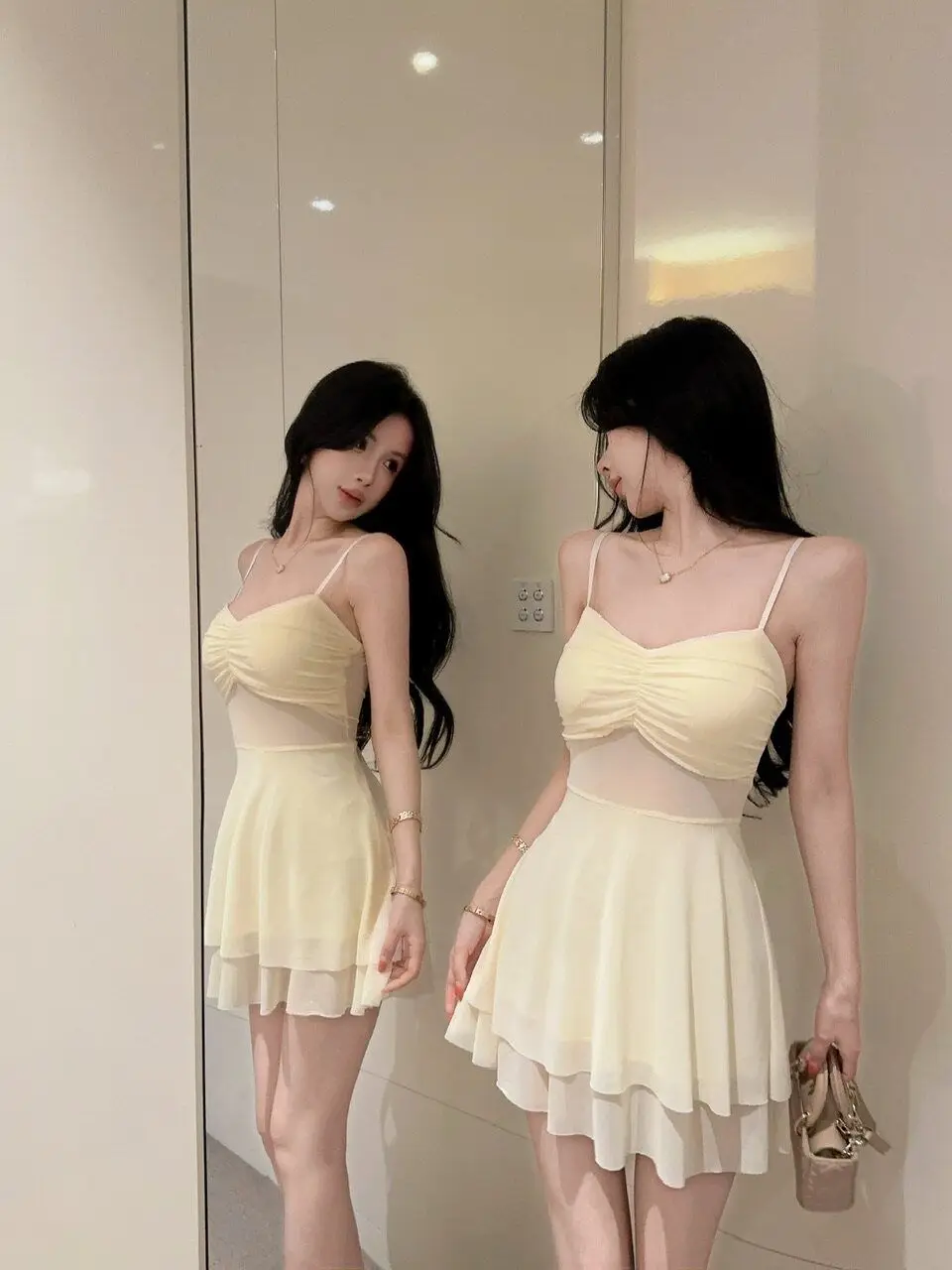 Green Pure Desire Strapless Short Dress Women's Gentle Slimming Low Chest Mesh Thin Strap Double Layer Vest Dress