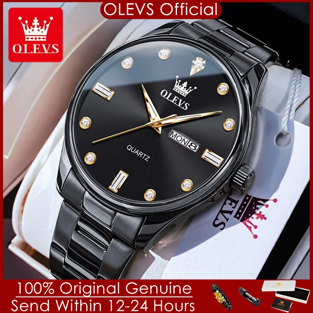 

OLEVS 3621, кварцевые часы для мужчин, классические мужские часы с двойным календарем и бриллиантовым циферблатом, ремешок из нержавеющей стали, оригинальные водонепроницаемые часы