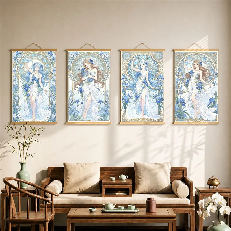Wall Art Aquarius Maiden with Flowing Water, Art Nouveau Pearlescent Canvas Hanging Scroll with Wooden Rods for Spa Room