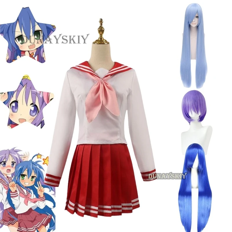 Glücksstern Konata Izumi Hiiragi Kagami Hiiragi Tsukasa Karneval Cosplay Kostüm Halloween Perücke JK Party Uniform Matrosen anzüge