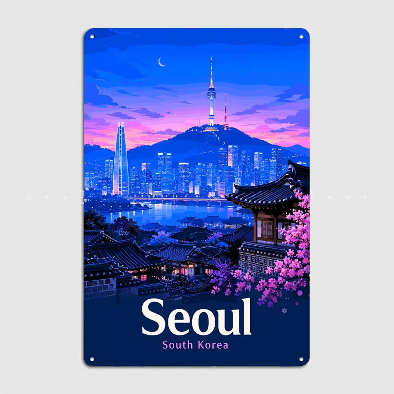Seoul South Korea Night Cityscape Poster Metal Custom Sign Living Room Indoor Decor Room Decoration Bedroom Posters Home Decor