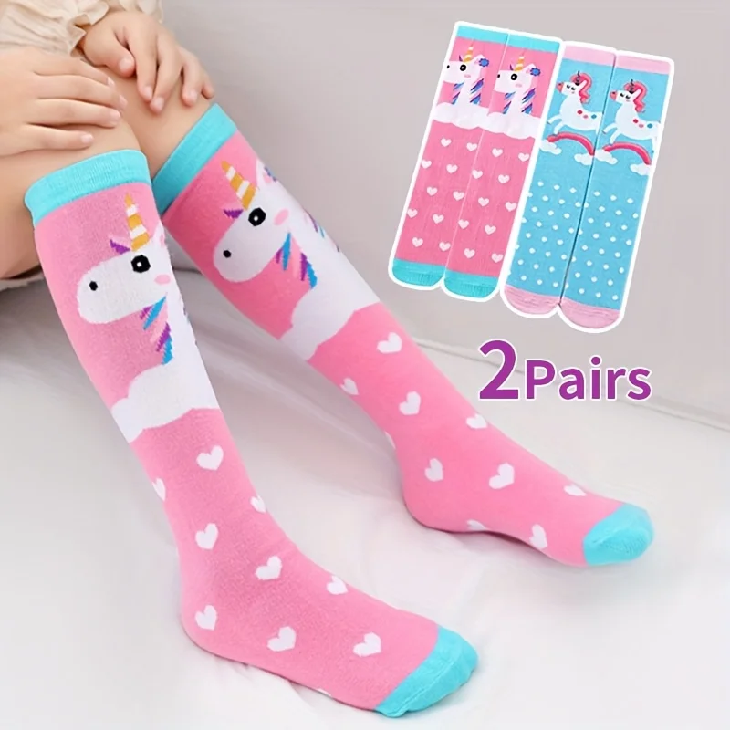 2 Pairs of Girls' Cute Unicorn Knee-High Socks, Soft and Comfortable Over-The-Knee Socks for Girls, Suitable for Casual Daily Life