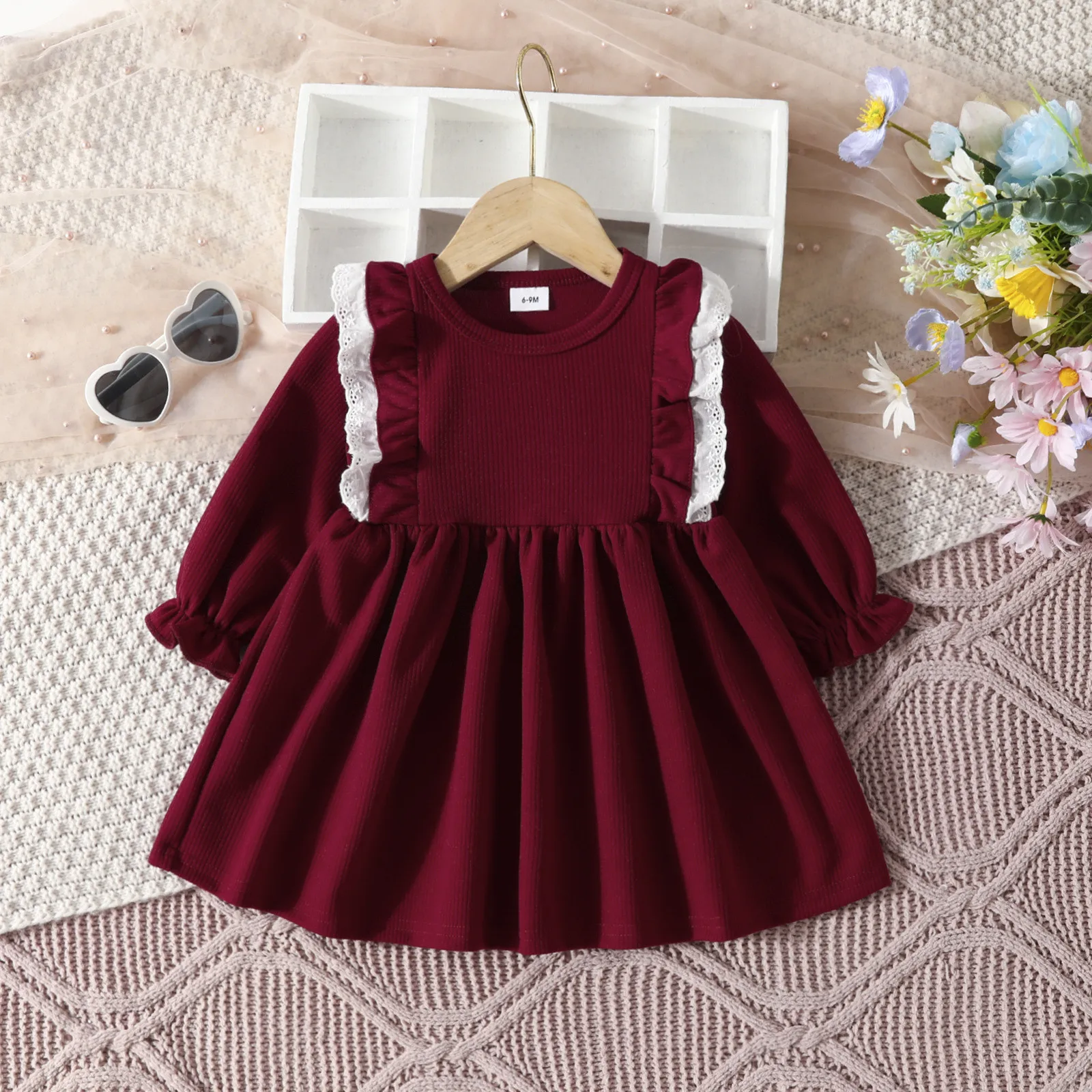 6M-3Y Christmas Infant Newborn Toddler Baby Girl Red Dress Ruffle Long Sleeve Lace Patchwork A-Line Dresses For Girl Fall Spring