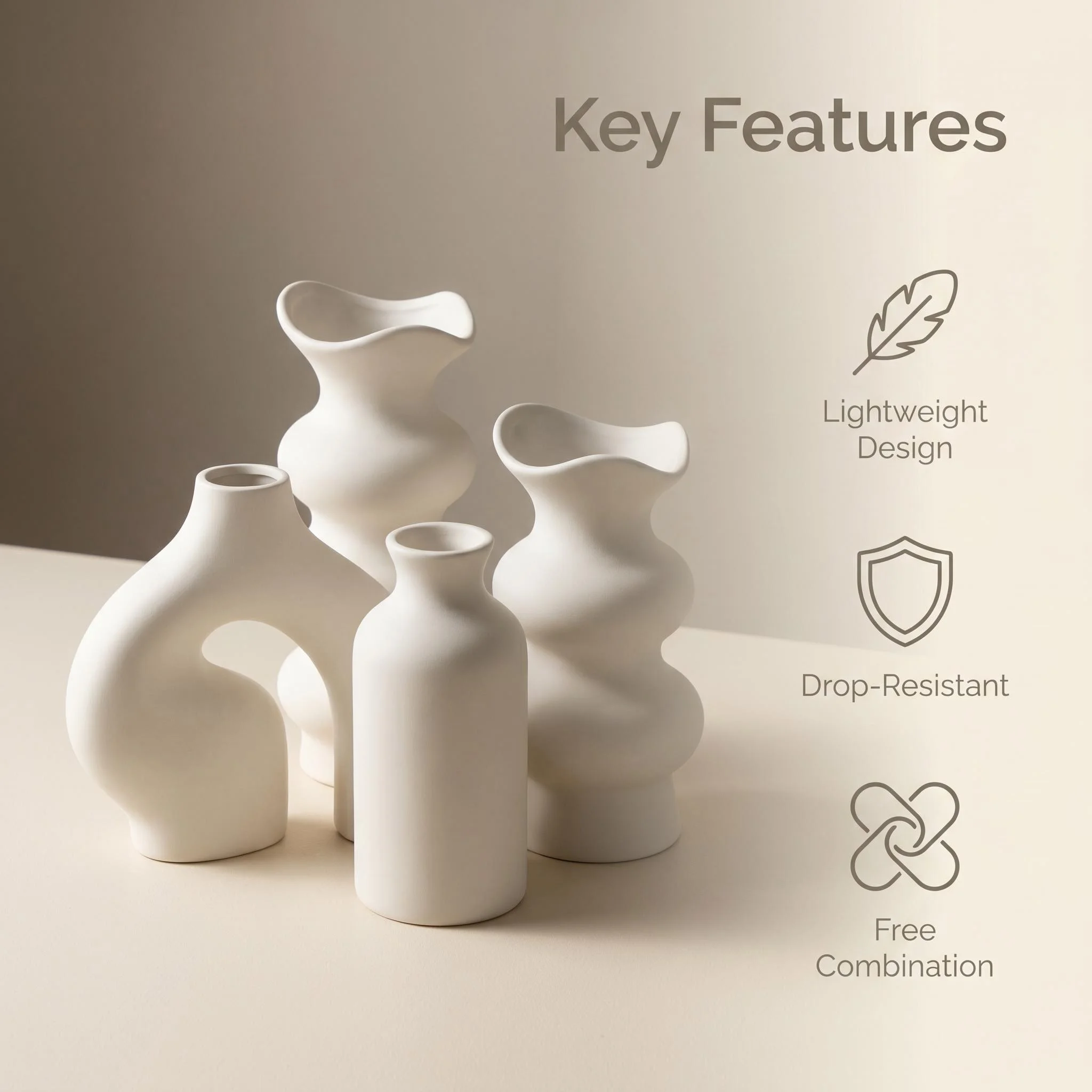 3-Piece Wabi-Sabi Irregular Decorative Vase Set, Made of Matte Pla Plastic, Minimalist Modern Tabletop Decor, Suitable for Living Room