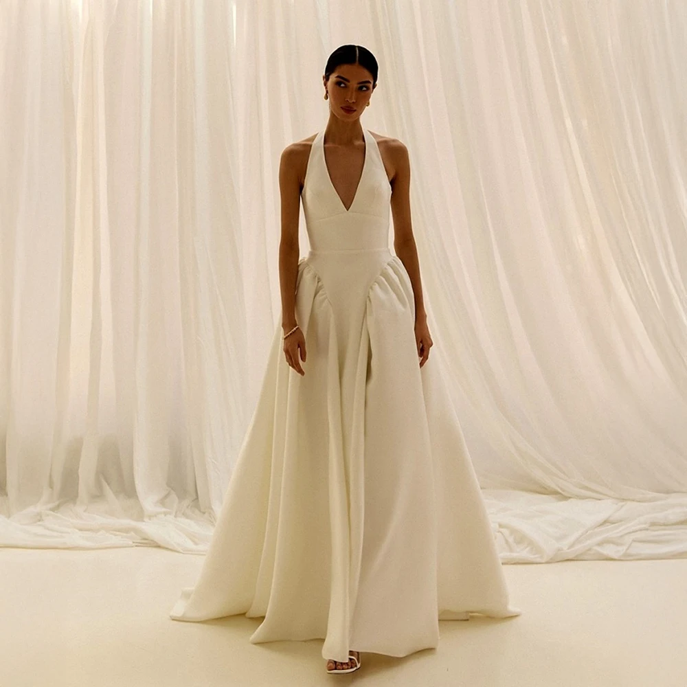 Customized Timeless Minimal Elegant Halter Deep V Satin A Line Wedding Dress Slim Fitted Waist Pleated Voluminous Flowy Floor