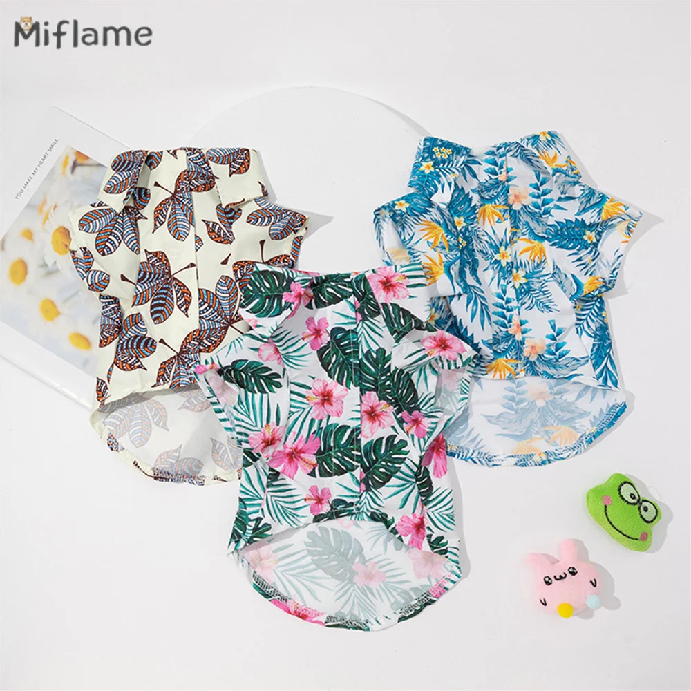 Miflame Hawaiian Style Small Dogs Shirts Leaves Print Puppy Outfits Holiday Beach Pets Clothes French Bulldog Spitz Dog Tshirts