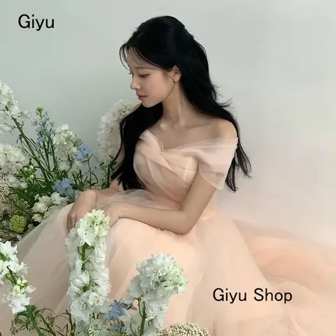 Giyu 페어리 핑크 한국 웨딩 드레스 Photoshoot 오프 어깨 바닥 길이 이브닝 가운 드레스 생일 파티 드레스 맞춤형