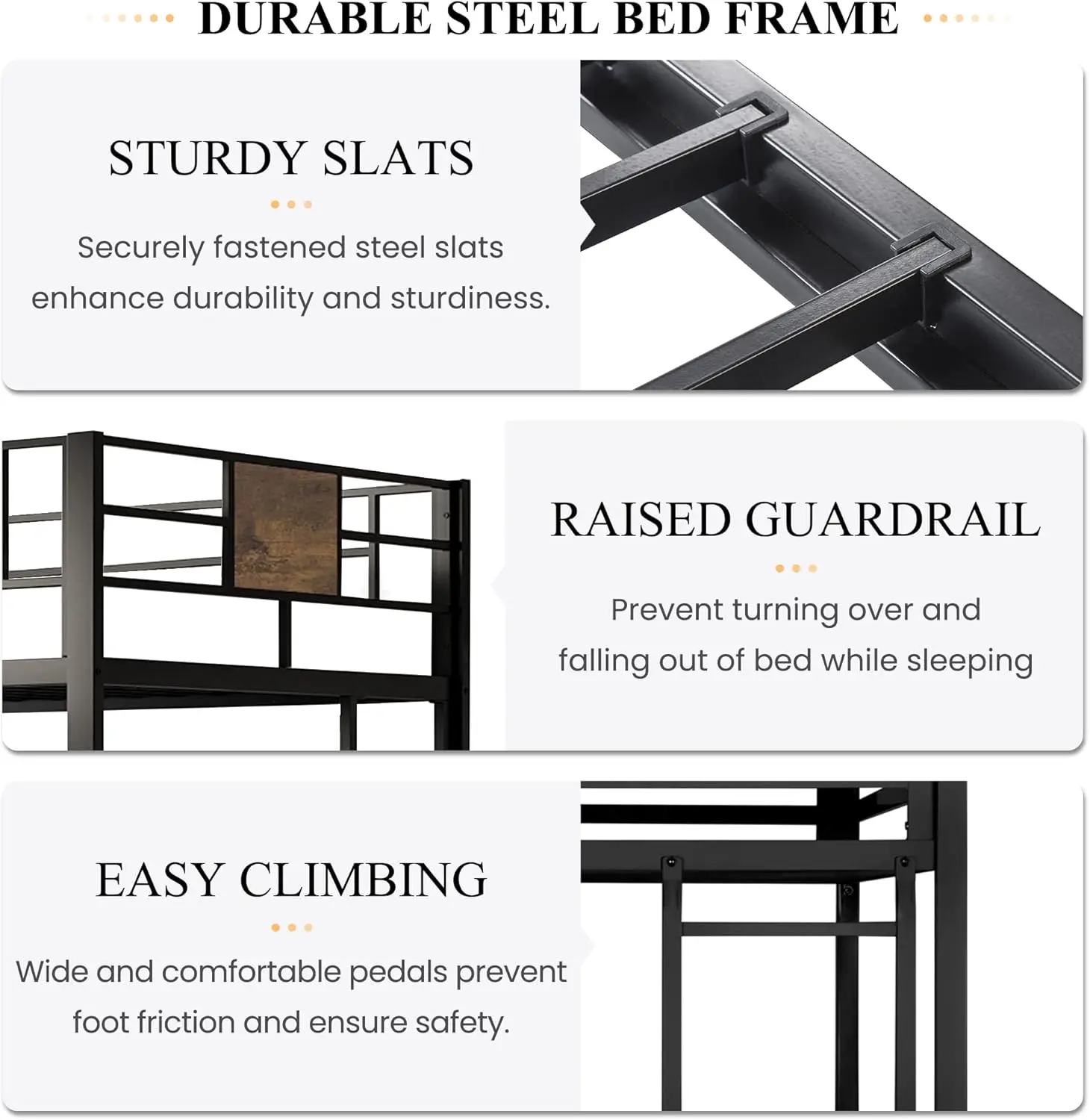 Estrutura de cama alta dupla de metal com escadas e guarda-corpo de comprimento total, economia de espaço, juniores e adultos, sem ruído, preta