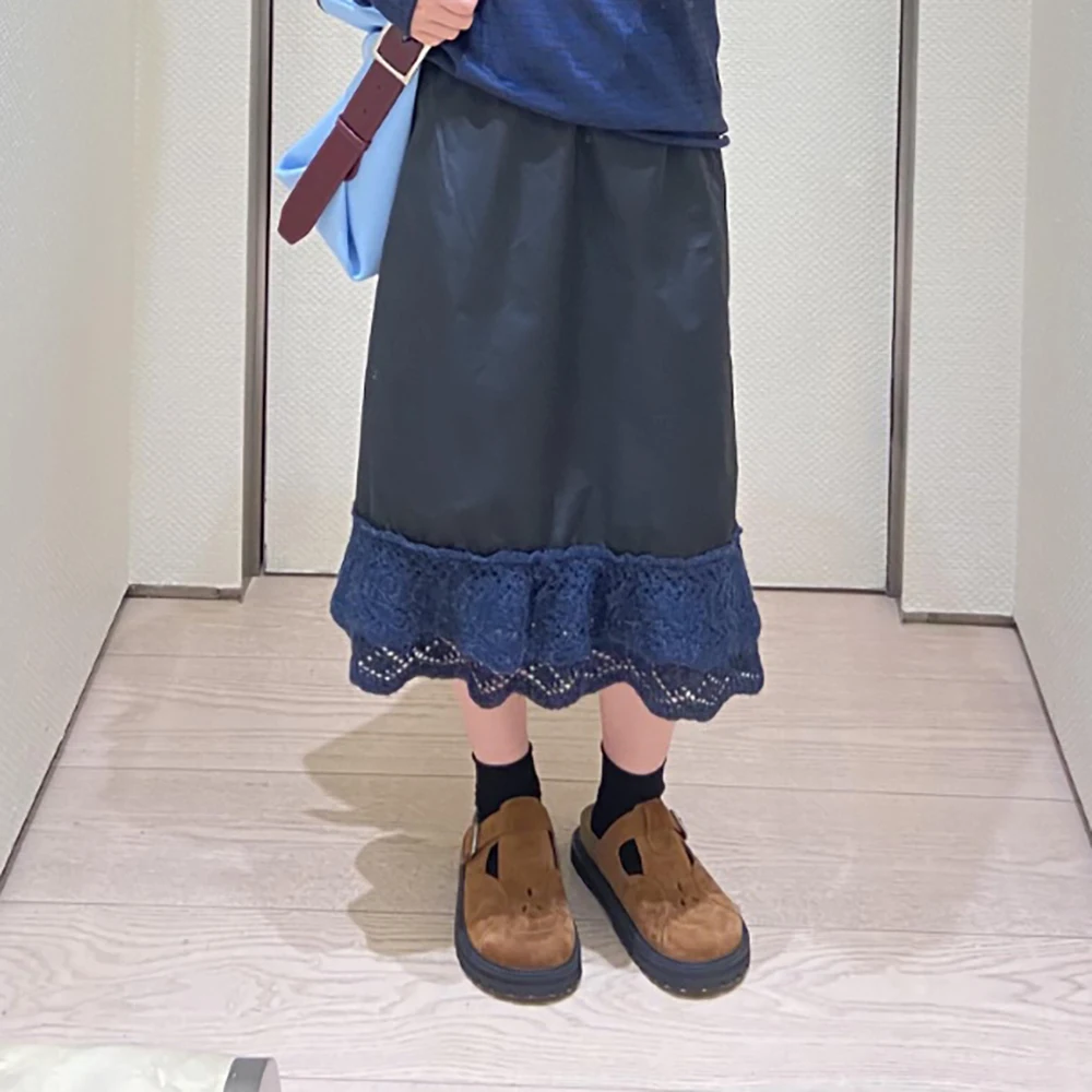 

Вязаное двухслойное женское платье на шнуровке с кружевной вставкой Y2K, элегантная юбка трапециевидной формы с украшением в виде банта для поездок на работу, осень 2021, новое поступление