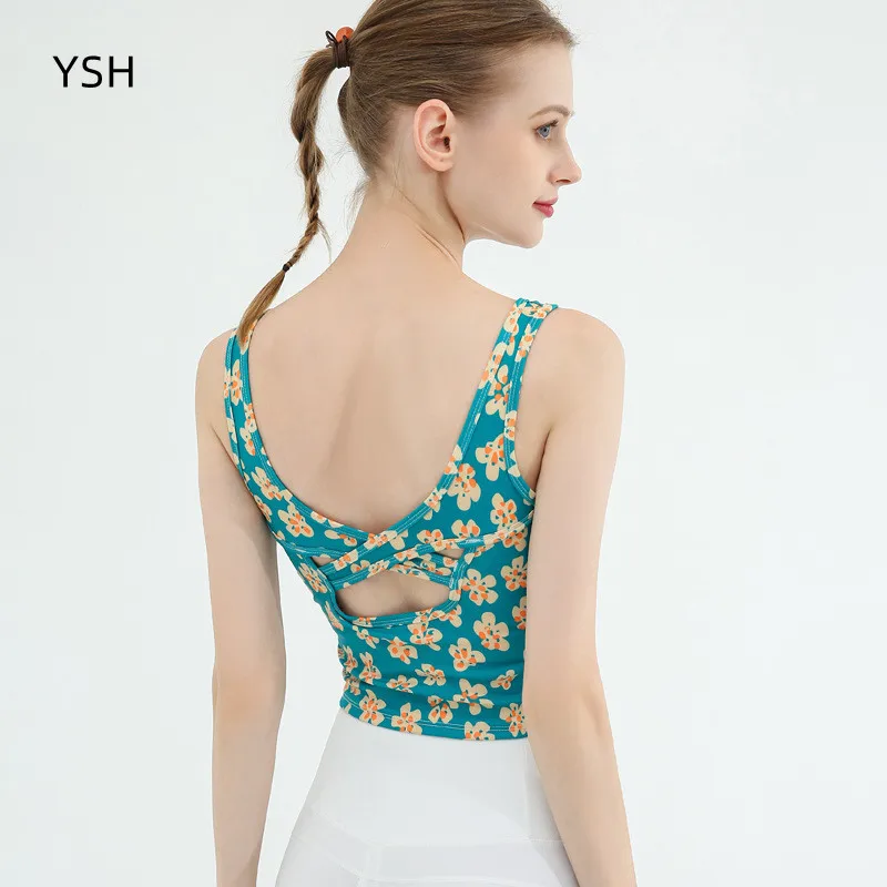 YUSHUHUA Printing Yoga Vest Women Beautiful Back Fitness Sports Vest With Padded Outdoor Gym Training Tops Elastic Quick Drying