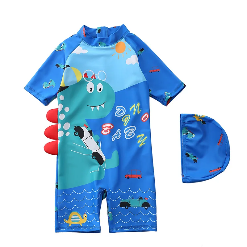 HappyFlute New One Piece Short Sleeve With Cap Cartoon Print Sunscreen&Quick Drying Baby Boy Swimsuit