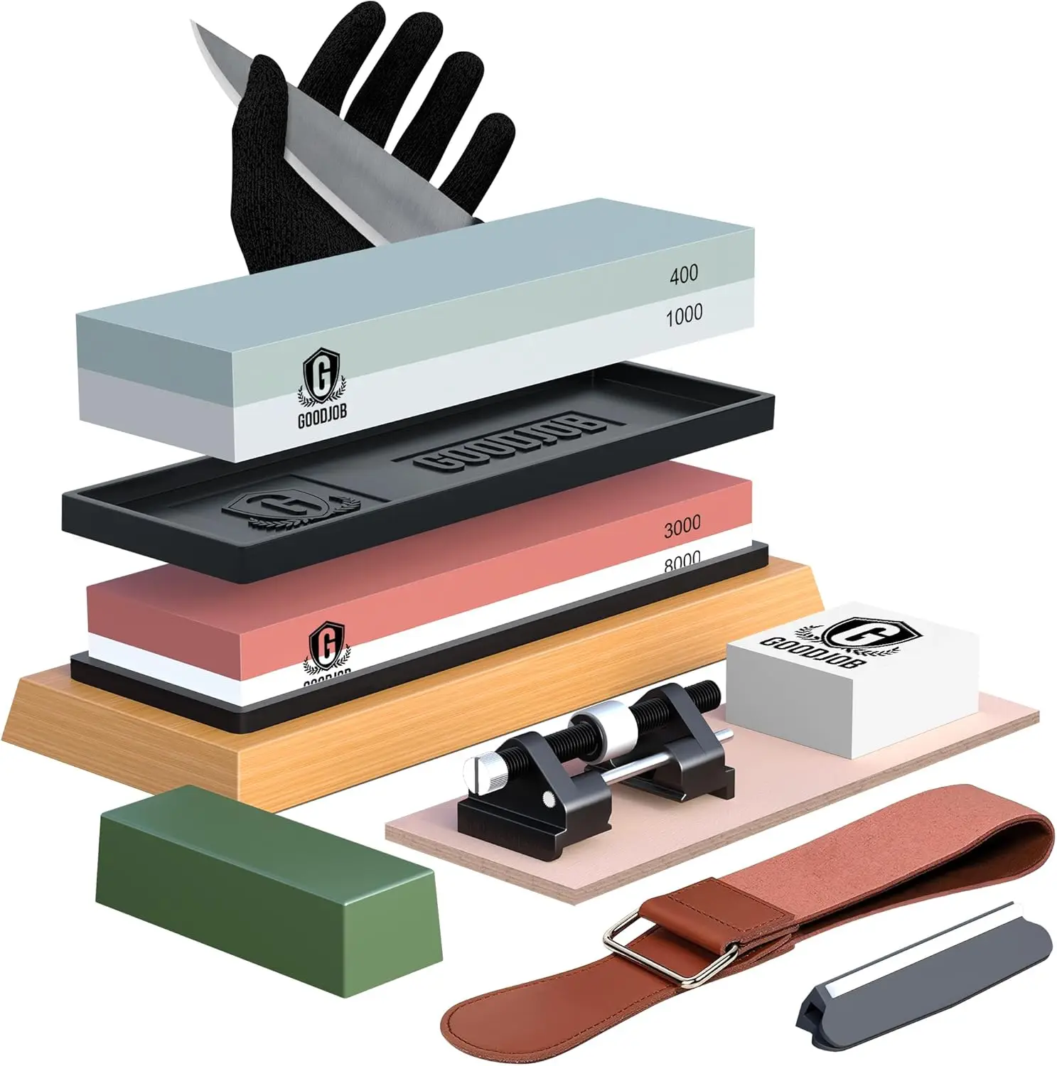 

Professional Dual Grit Whetstone Sharpening Kit with Gloves, Guide, and Bamboo Base for Kitchen Knives