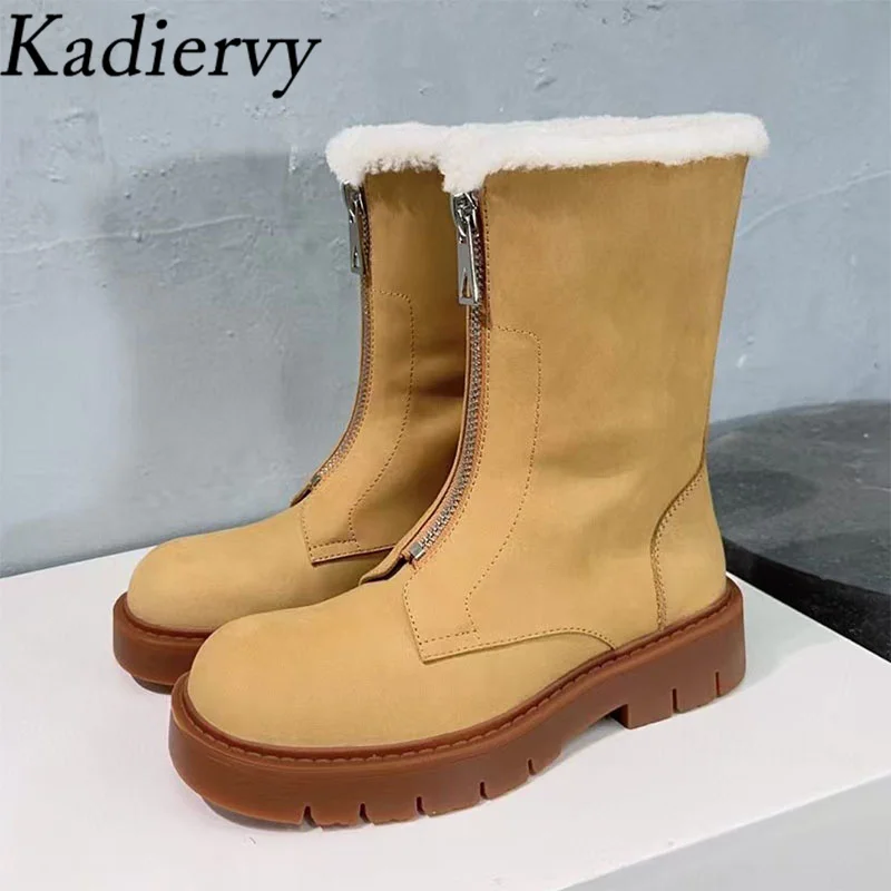 Winter Motorcycle Boots Women Round Toe Wool Warm Flat Shoes Women Cow Suede Front Zipper Knight Short Boots Woman Botas Mujer