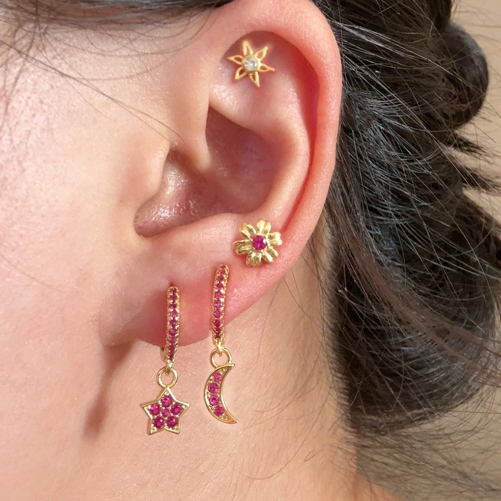 Pendientes de tuerca de acero inoxidable para mujer, Aretes de flor roja rosa, colgante geométrico, pendientes asimétricos de luna y estrella, joyería