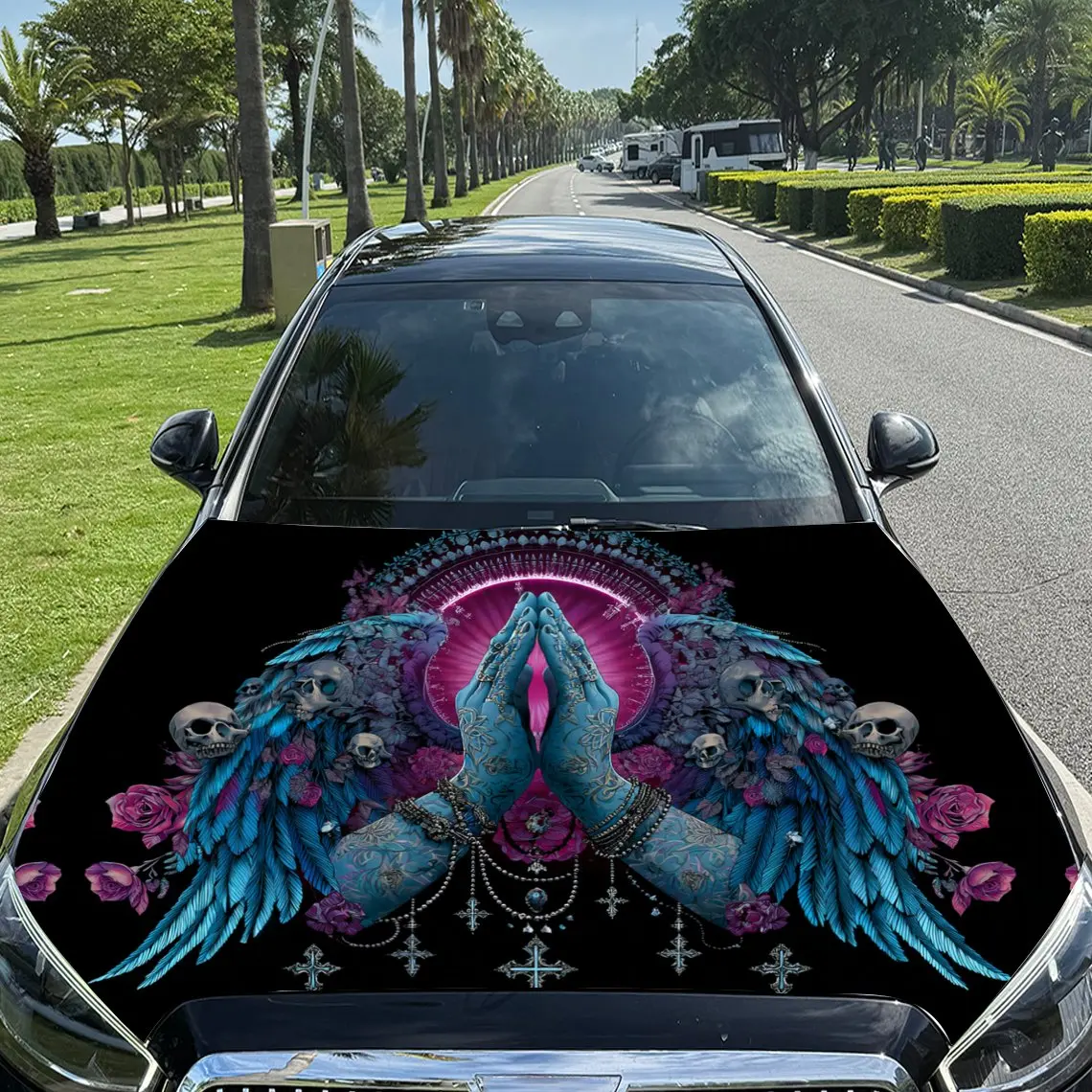 Praying Hands with Winged Skulls Car Vinyl Wrap, PVC Material Waterproof Car Hood Sticker, Self-Adhesive Scratch-Resistant Stick