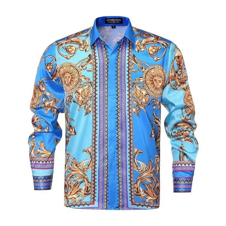 

Wholesale Fashion Men's Long Sleeved Shirt Printed Satin Plus Size Men's Shirt