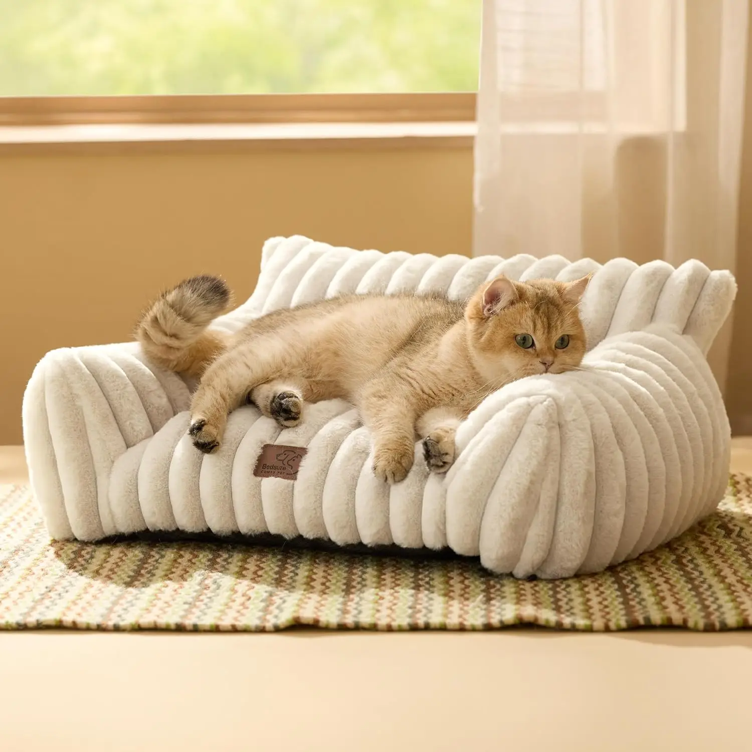 

Cute Cat Couch 24in - Soft Fleece Pet Sofa with Removable Washable Cover, Cream