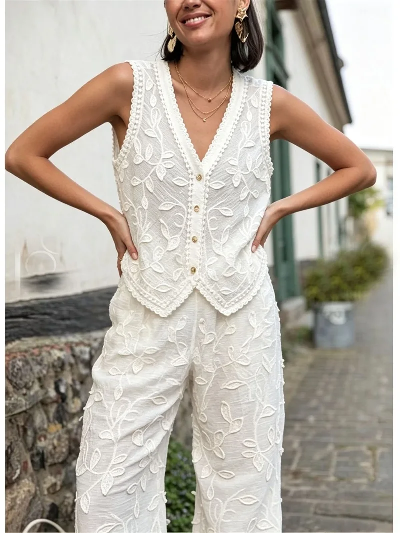 Embroidered Jacquard White Vest Pants Set Sexy 2 Pcs Sleeveless Coat Party Trousers Casual Formal Wedding Birthday Evening Wear
