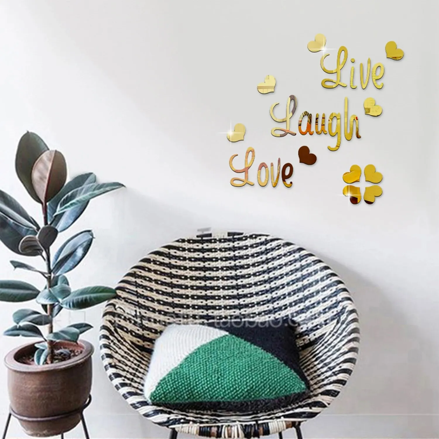 Pegatinas de pared de espejo de letras de proverbios en inglés, corazón de melocotón, amor vivo, risa, dormitorio, decoración del hogar