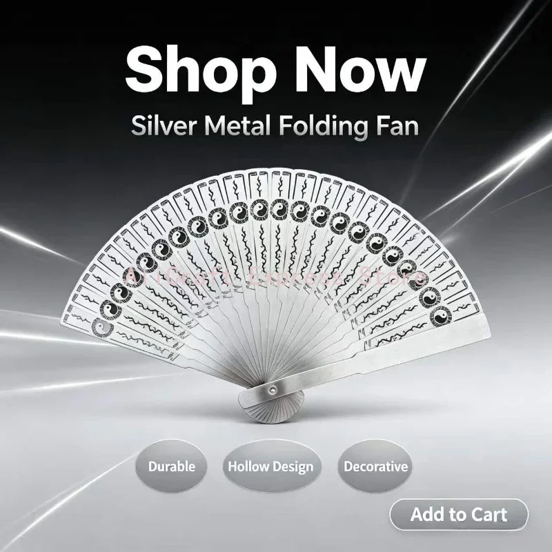 9 Inch Hollow-Cut Metal Folding Hand Fan, Fine Steel Construction, Adult Collectible Decorative Display Ornament