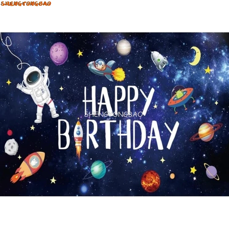 Toile de fond de photographie de l'espace extra-atmosphérique joyeux anniversaire, galAct, planète, astronome, fusée, fête, gâteau, table, bannière, accessoires de décoration