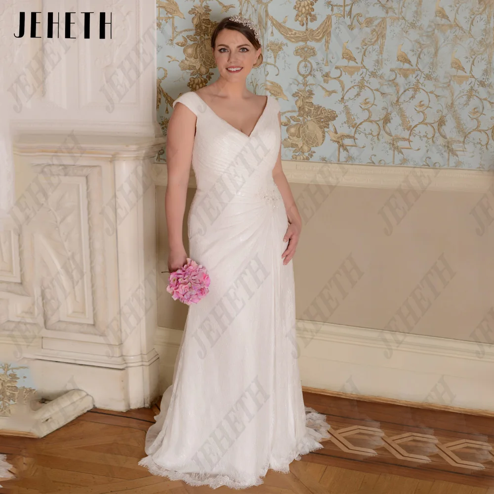 JEHETH Elegant Mermaid Wedding Dresses Cap Sleeves Plus Size Bride Gowns Lace Applique Sweep Train V-Neck Vestidos De Noiva