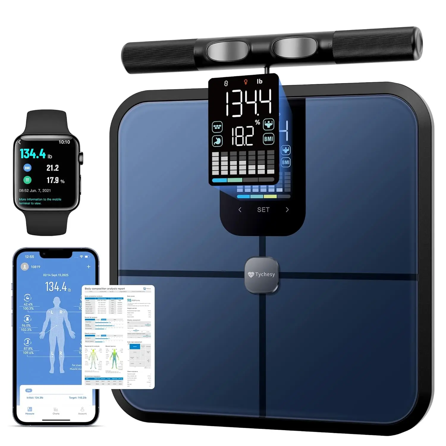 

Smart Body Composition Scale with 8 Electrodes, Measures BMI Fat Muscle, No Phone Needed for 5 Metrics, FSA HSA Eligible