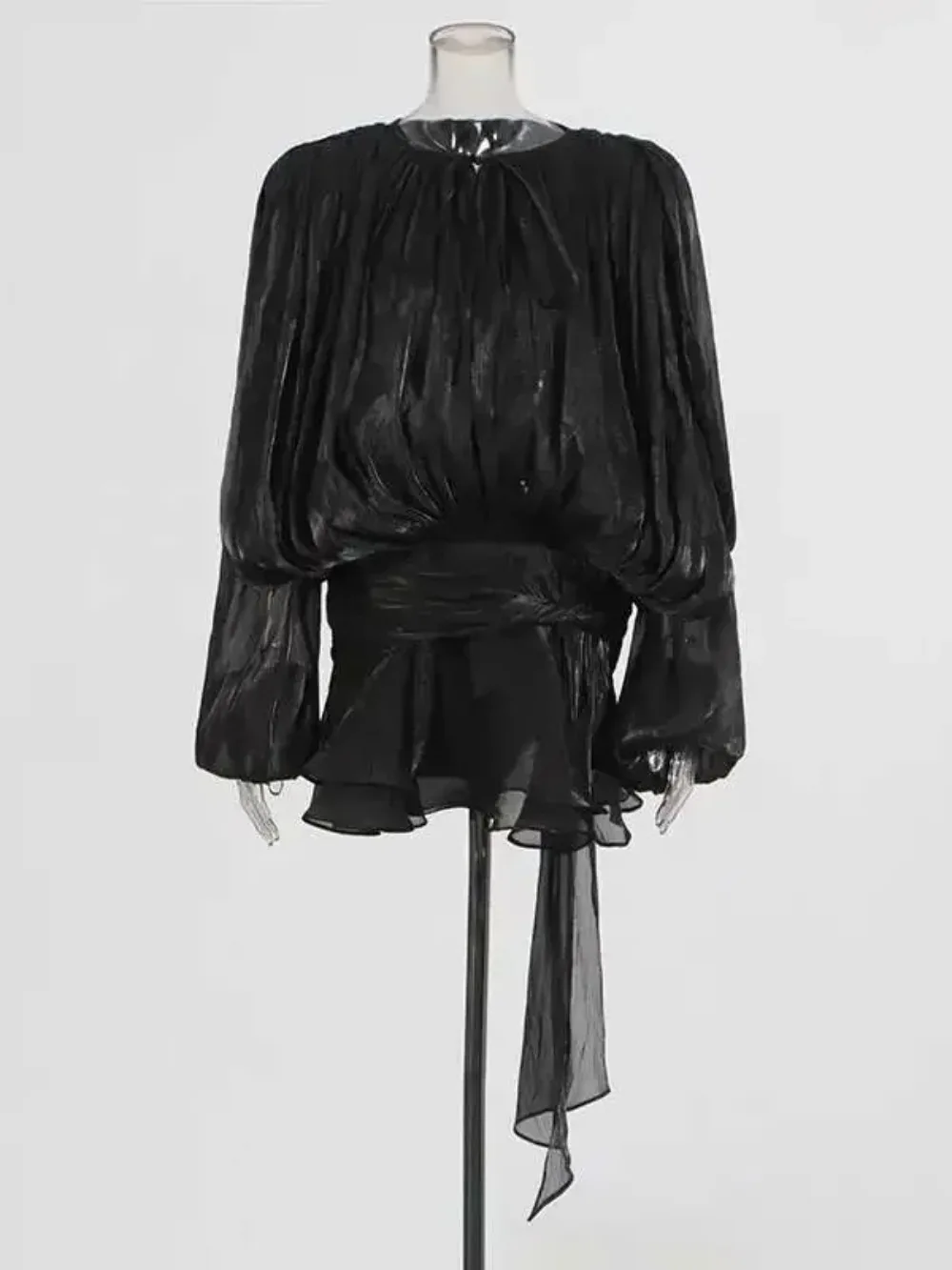 Elegante mini vestido ruched para mulheres em torno do pescoço lanterna manga longa cintura alta temperamento vestidos moda feminina