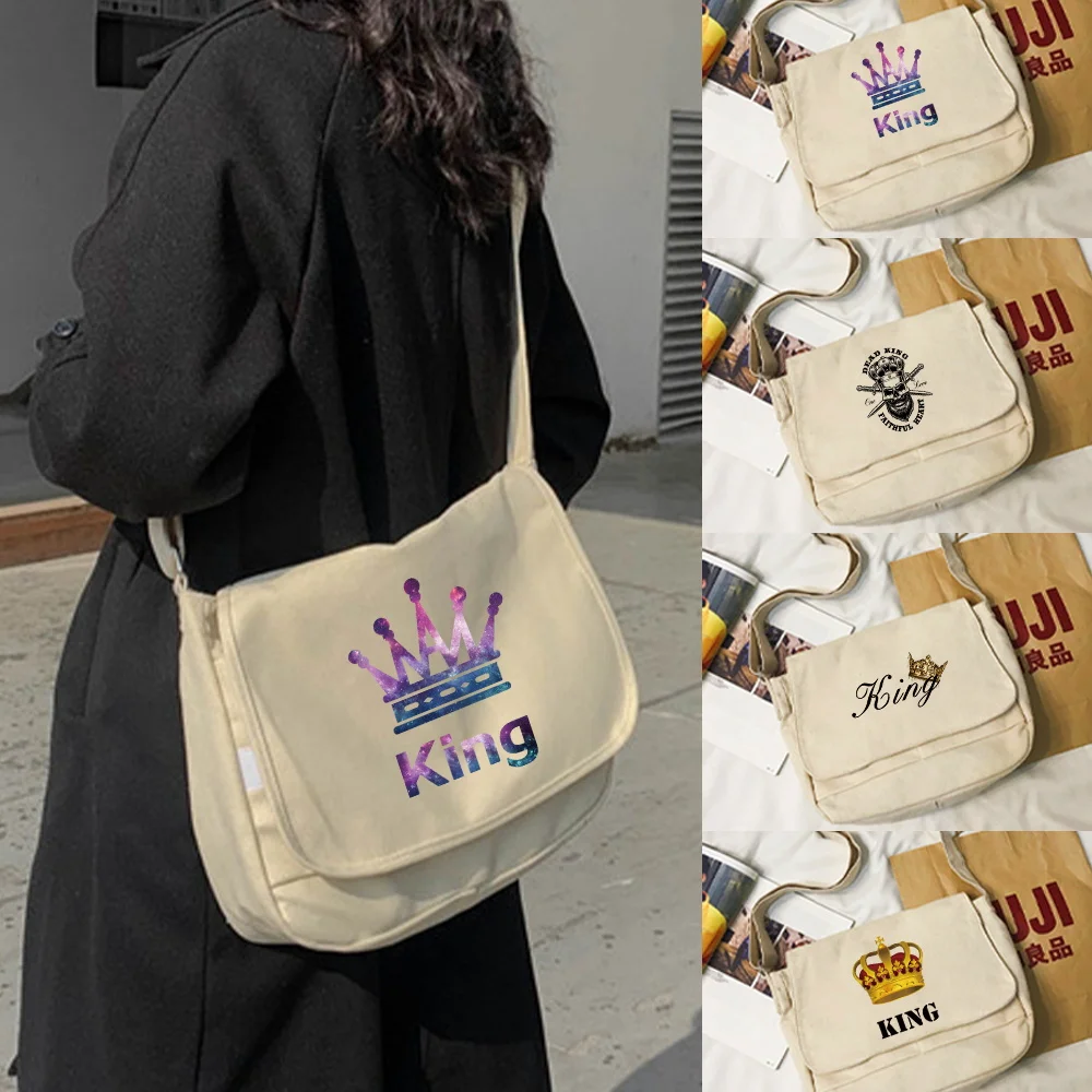 Messenger Bag King Printed School Korean Single Shoulder Student Hong Kong Style Retro Large Capacity Postman Women's Handbags
