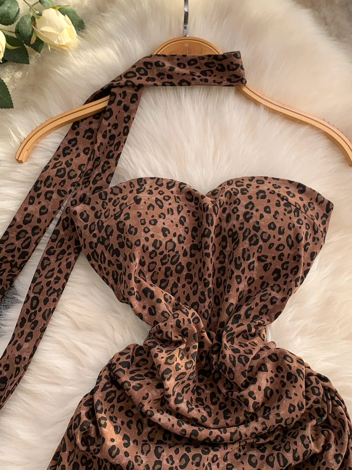 

Sexy Leopard Print One oulder Strap Bustier Dr Women's Summer Draped Waist Slimming Asymmetrical Skirt High Waist A-Line...