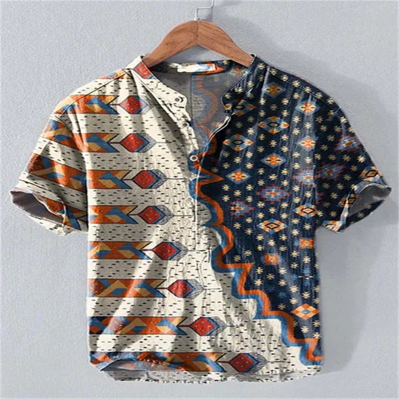 الصيف الرجال الكتان قصيرة الأكمام الخامس الرقبة الرجعية النفط اللوحة طباعة قميص غير رسمي ملابس للرجال حجم كبير التسليم السريع