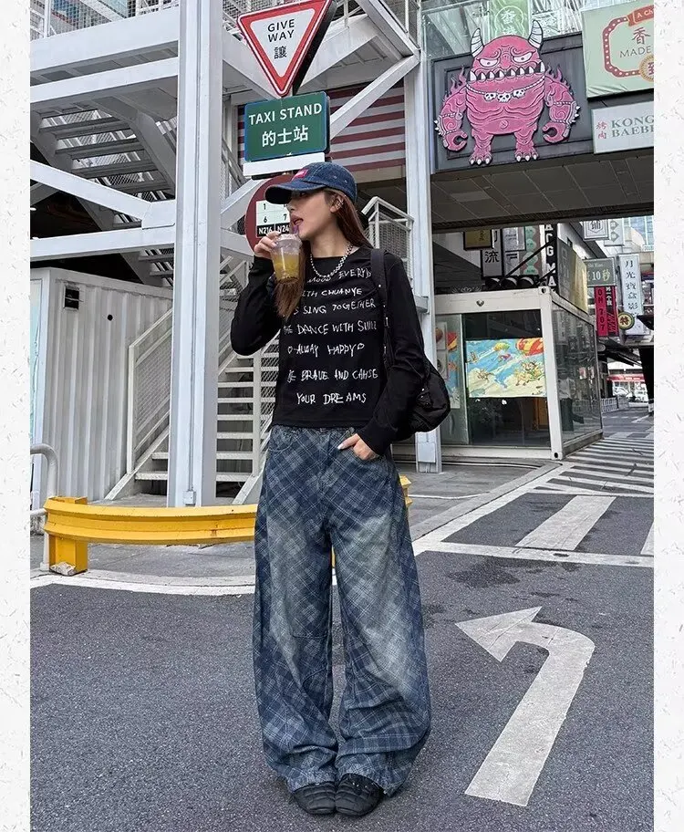 جينز جينز جديد على الطراز الأمريكي القديم من Diamond Grid مغسول لكل من الرجال والنساء Y2K سروال واسع الساق فضفاض ملابس الشارع الشهير على الأرض #5