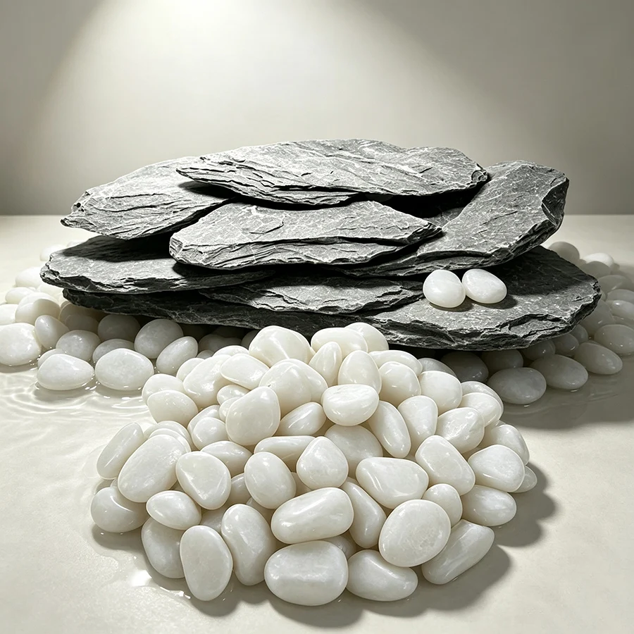 400g Aquarium Decor Set Stackable Slate Rock & White Polished Pebbles, Fish Tank Aquascape Stones, Reptile Terrarium Hiding Cave