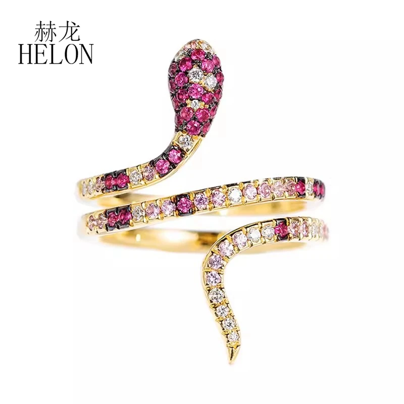 HELON Solid 14k AU585 Yellow Gold Snake Natural Diamonds Ring Real Pink Sapphire Band Women Personality Trendy Fine Jewelry