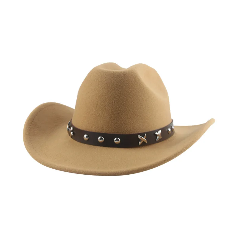 

Metal Belt Hat European And American Punk Big Brim Western Cowboy Hat 9.5cm Rolled Brim Double Top Fur Felt Hat New