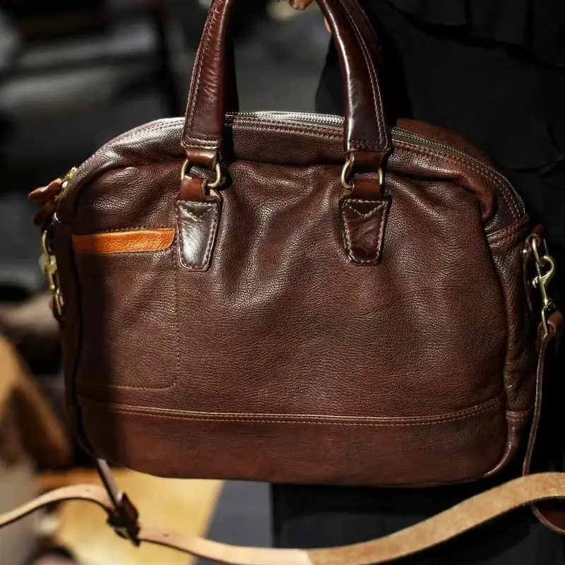 fashion vintage high-quality genuine leather men's women's briefcase business luxury handmade real cow leather laptop handbag