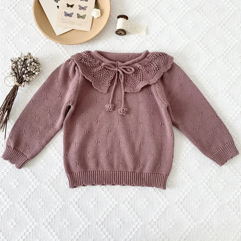 

Autumn Baby Girls Knitted Pullovers Sweaters Bow Ruffle Collar Solid Color Korean Style Kids Short Sleeve Tops Knit Pullover