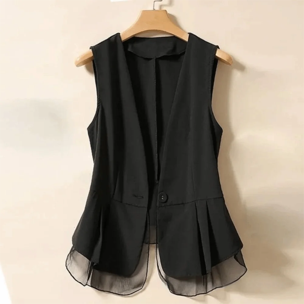 Modische V-Ausschnitt Damen Weste Top Mesh Rüschen Sommer Kurze Anzugweste Schlanke Passform Dünne Ärmellose Weste Damen/Mädchen – Detail 8