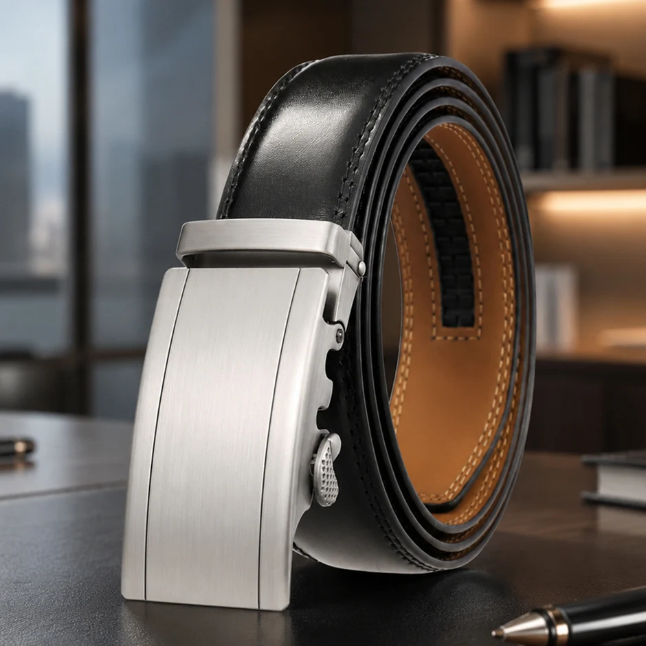 Plyesxale Black Leather Belts For Men Automatic Buckle Leisure Fashion Ratchet Belt Male Pants Waistband Formal Waist Belt B320