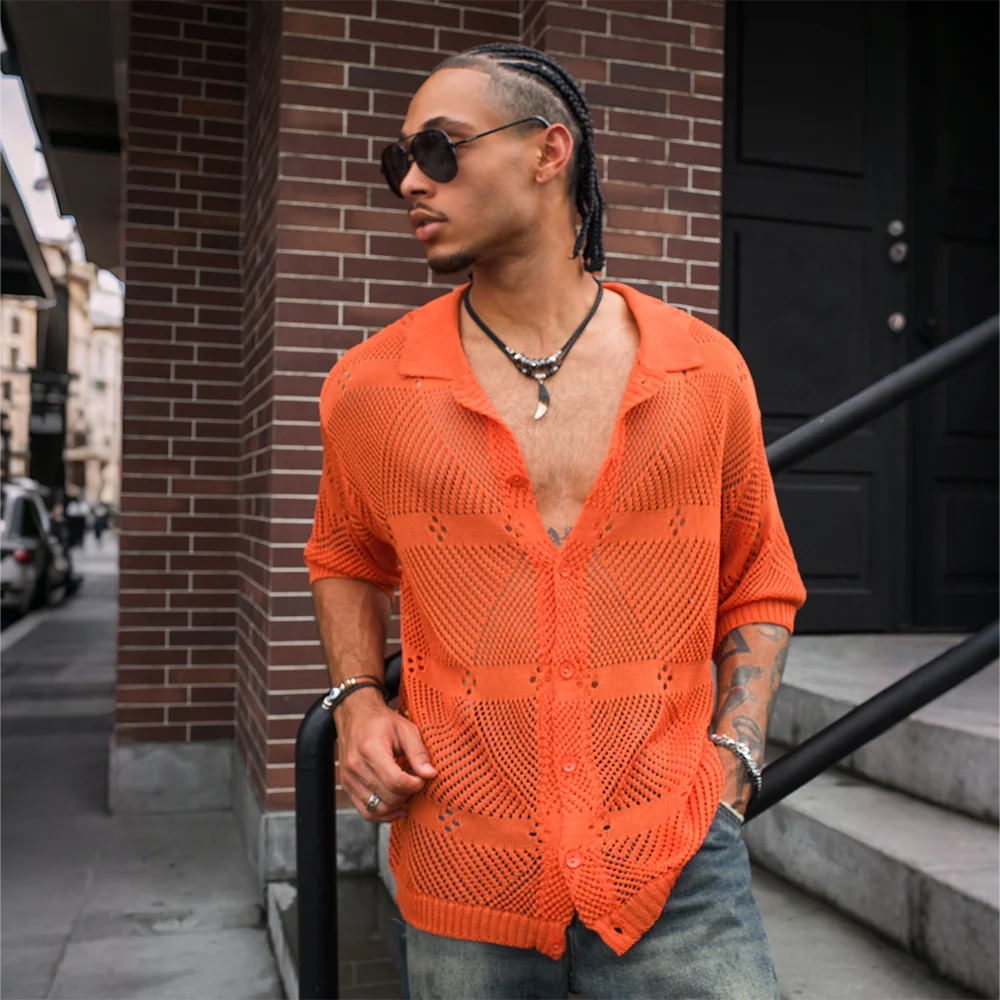 

Slavinson Men's Knitted Short-sleeved Summer Fashion Mesh Shirt Casual Short Sleeve Breathable Woolen Knit Soft Top US Size