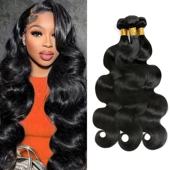 Tissage en lot brésilien 100% naturel Body Wave noir naturel, Extensions de cheveux, 1, 3, 4 pièces
