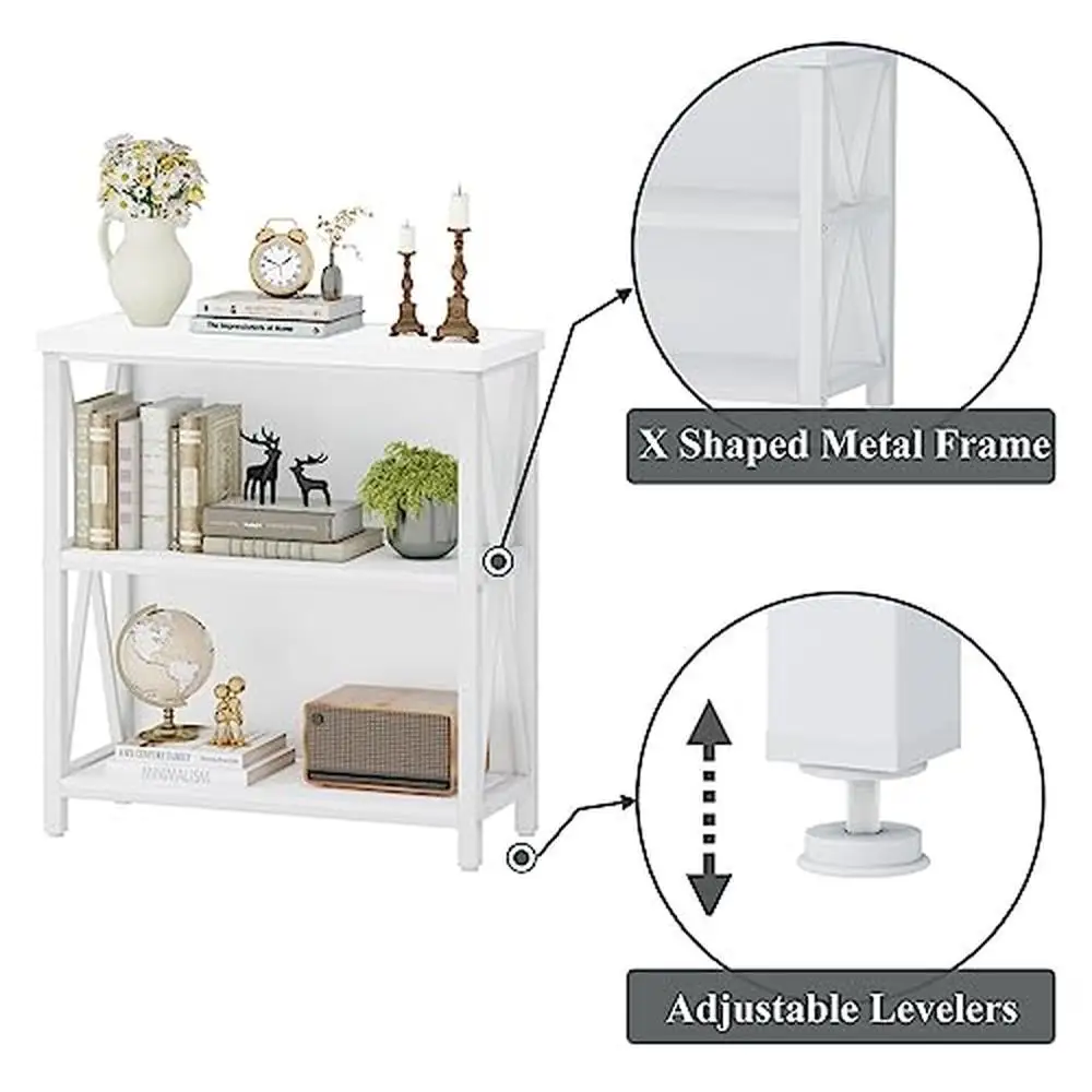 3-Tier Rustic Wood Metal Bookcase Living Entry Bedroom Office Waterproof Tiered Shelf 29.53" Bookshelf White Oak Home Decor