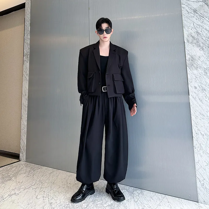WVGA Spring Autumn New Men American Style High-end Blazers Niche Chic Casual Draped Pleated Cuffed Wide-leg Pants Set Ins W27624