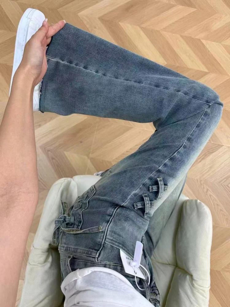 

Retro Knot Flared Denim Jeans Women's Autumn New Large Size Fat MM High Waist Slim Elastic Bell Bot Pants